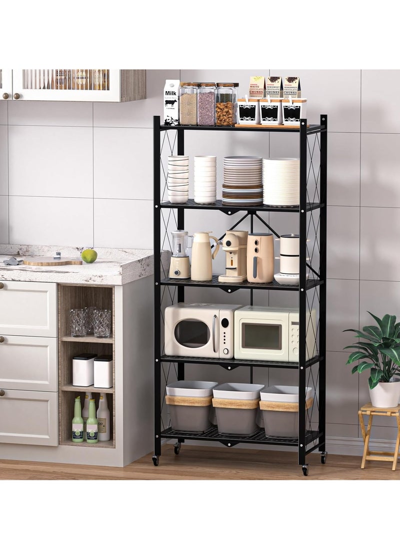 Apexll 5 Tier Thickened Foldable Storage Shelves with Wheels,No Assembly,Large Capacity,Heavy-Duty Metal Shelving Unit Rolling Cart for Garage, Kitchen, Basement, Pantry(Black, 5-Tier)  - Image 3