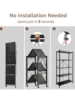 Apexll 5 Tier Thickened Foldable Storage Shelves with Wheels,No Assembly,Large Capacity,Heavy-Duty Metal Shelving Unit Rolling Cart for Garage, Kitchen, Basement, Pantry(Black, 5-Tier)  - Image 5