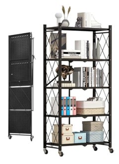 Apexll 5 Tier Thickened Foldable Storage Shelves with Wheels,No Assembly,Large Capacity,Heavy-Duty Metal Shelving Unit Rolling Cart for Garage, Kitchen, Basement, Pantry(Black, 5-Tier)  - Image 4