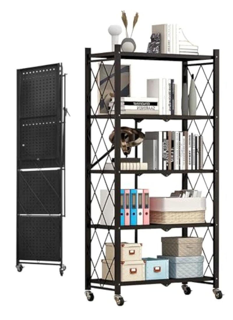 Apexll 5 Tier Thickened Foldable Storage Shelves with Wheels,No Assembly,Large Capacity,Heavy-Duty Metal Shelving Unit Rolling Cart for Garage, Kitchen, Basement, Pantry(Black, 5-Tier)  - Image 4