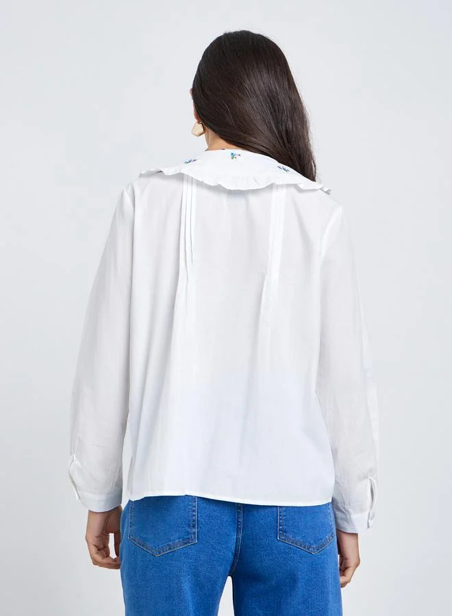 Styli Styli White Embroidered Peter Pan Collar Shirt