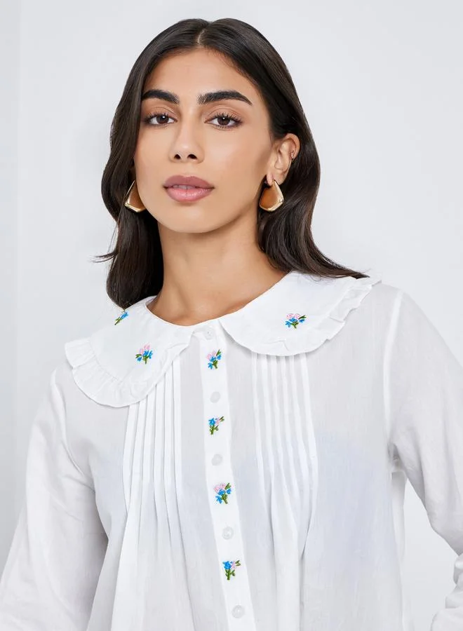 Styli Styli White Embroidered Peter Pan Collar Shirt