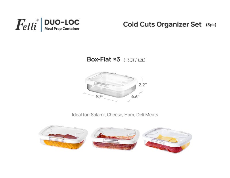 Felli Duo Loc Deli Meat Containers for Fridge with Airtight Lids, Stackable Refrigerator Organizer for Lunch Meat Storage Sandwich Ham Cheese Salami Sliced Turkey, Clear Tritan Box (Cold Cuts 3pk) - Image 4