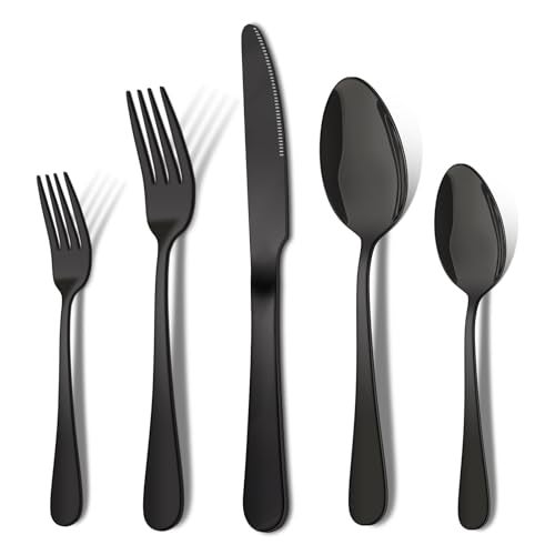 ENLOY 20 Pieces Black Silverware Set, ENLOY Flatware Cutlery Set Stainless Steel Utensils Service for 4, Heavy Duty Gift and Dishwasher Safe, Mirror Polished Dinner Knife, Fork, Spoon for Restaurant - Image 1