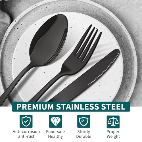 ENLOY 20 Pieces Black Silverware Set, ENLOY Flatware Cutlery Set Stainless Steel Utensils Service for 4, Heavy Duty Gift and Dishwasher Safe, Mirror Polished Dinner Knife, Fork, Spoon for Restaurant - Image 3