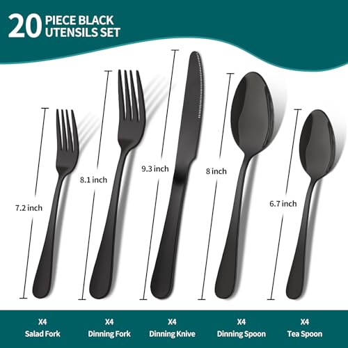 ENLOY 20 Pieces Black Silverware Set, ENLOY Flatware Cutlery Set Stainless Steel Utensils Service for 4, Heavy Duty Gift and Dishwasher Safe, Mirror Polished Dinner Knife, Fork, Spoon for Restaurant - Image 2