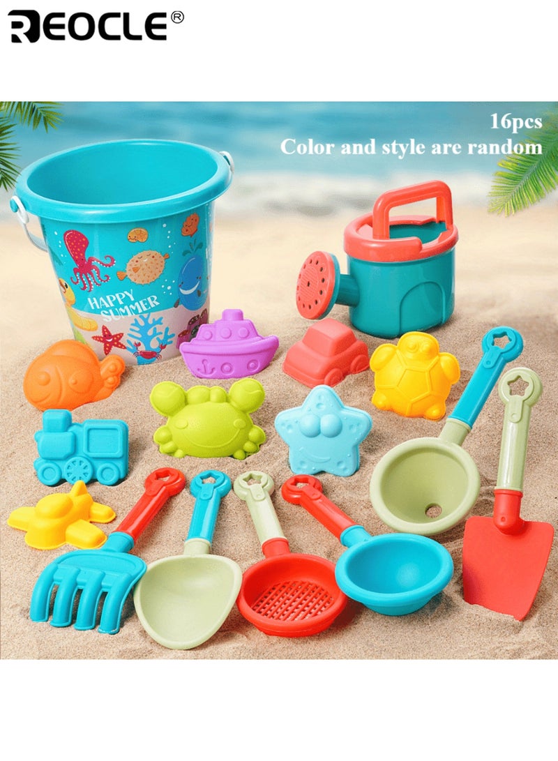 REOCLE 16pcs Children's Beach Toys Set Sand Shovel Beach Bucket for Water Play Multi-shape Cartoon Models Mini Watering Can Durable Plastic Perfect Summer Gift for Kids - Image 1