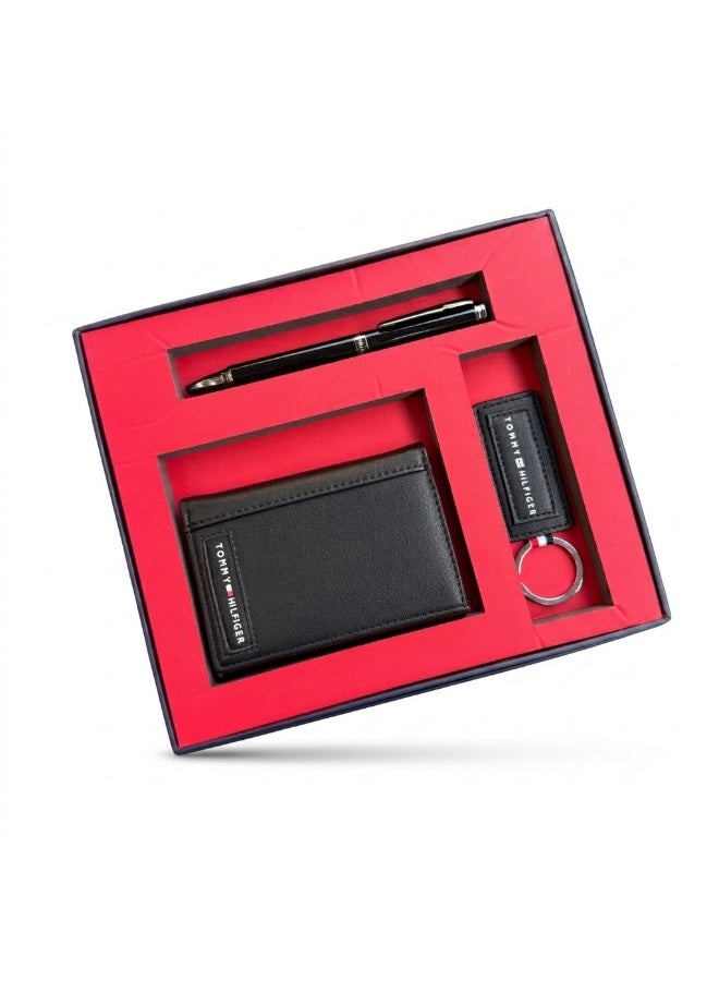 Men's Leather Wallet Gift Set with Executive Ballpoint Pen & Keychain - Black Sporty Bifold Box Set for Men