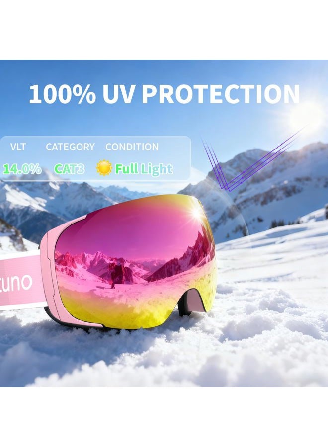 Veltuno Ski Goggles for Men Women Adult & Youth, OTG Snowboard Goggles Anti Fog, Snow Goggles UV Protection Wide Vision (Pink Frame/Revo Pink Lens (vlt 14.0%)) - Image 2