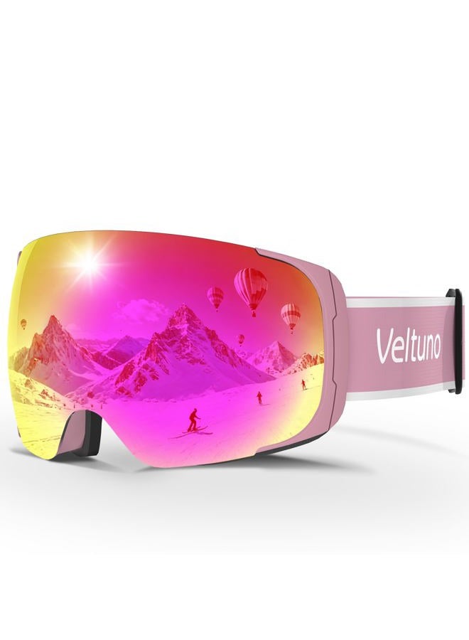 Veltuno Ski Goggles for Men Women Adult & Youth, OTG Snowboard Goggles Anti Fog, Snow Goggles UV Protection Wide Vision (Pink Frame/Revo Pink Lens (vlt 14.0%)) - Image 1