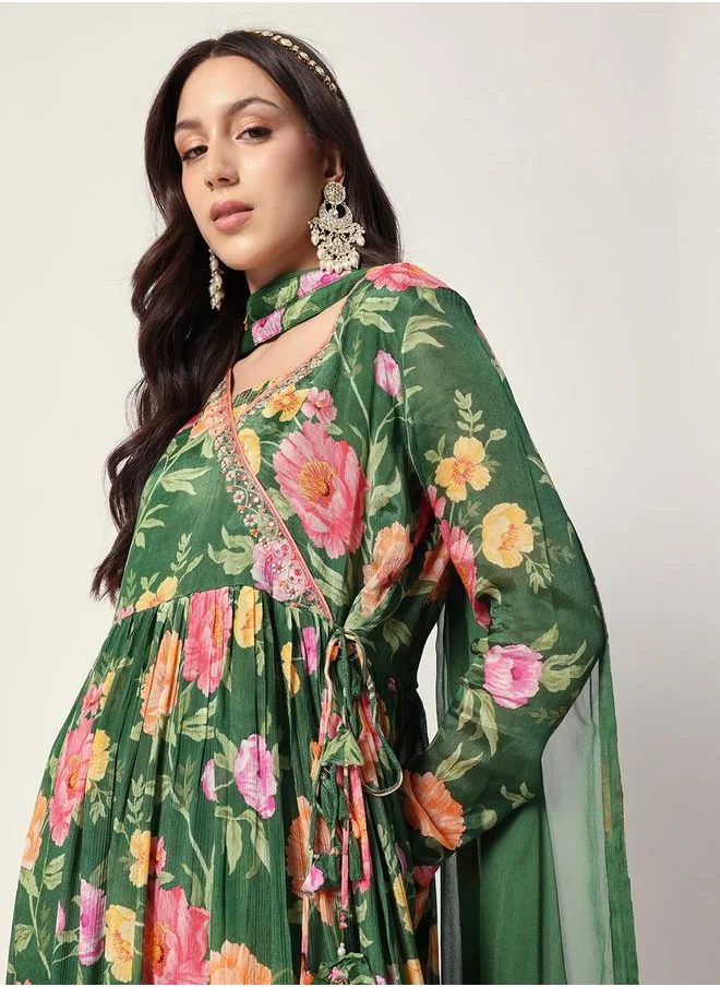 آي شين Women's Green Chiffon Textured Tunic Full Palazzo Regular Fit Kurta Set