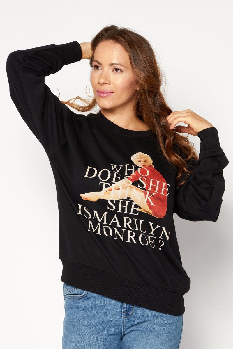 Marilyn Monroe Women Crew Neck Long Sleeve Graphic Print Sweatshirt, Black - Image 1