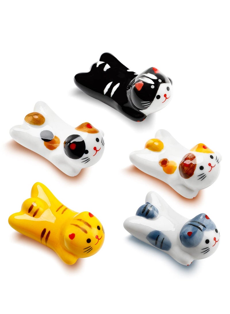 Ceramic Cute Cat Chopsticks Holder Set, 5 Pack Cute Chopsticks Rest Japanese Style Porcelain Lucky Cat Spoon Rest ceramic chopsticks for Dinner Fork Knife Tableware, Decoration Home Kitchen Gift  - Image 1