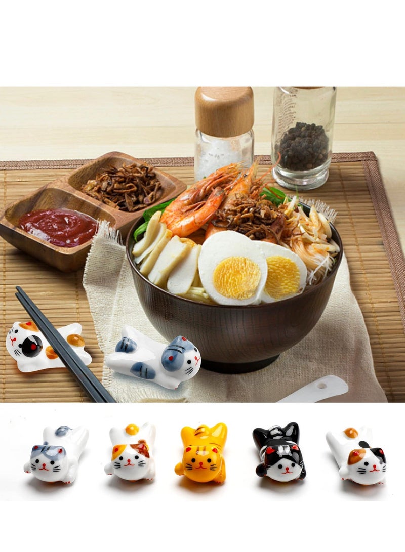 Ceramic Cute Cat Chopsticks Holder Set, 5 Pack Cute Chopsticks Rest Japanese Style Porcelain Lucky Cat Spoon Rest ceramic chopsticks for Dinner Fork Knife Tableware, Decoration Home Kitchen Gift  - Image 5