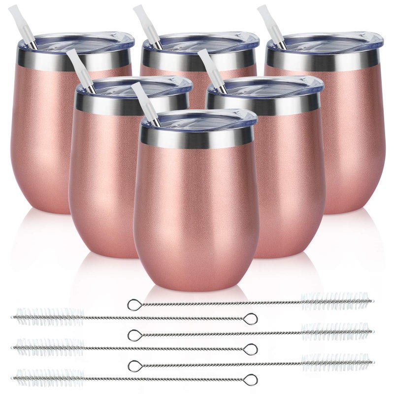 6 Pack Stainless Steel Wine Tumblers 12Oz Insulated Wine Tumbler Double Wall Insulated Wine Glass Stainless Steel Stemless Wine Cups with Lids for Coffee Wine Cocktails Champaign Rose Gold