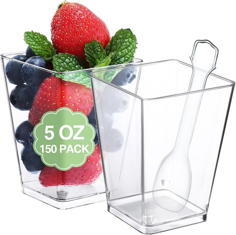 SHOPDAY 5 OzPlasticDessertCups 150 Pack SquareClearCupswithSpoons ParfaitCups AppetizerCups SmallPlasticCups Mini ShooterCups for Party Yogurt Mousse - Image 1