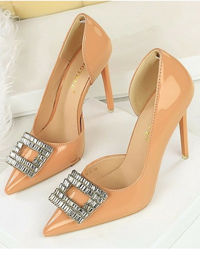 BIGTREE Women's Closed Pointed Toe Stiletto Pump Rhinestone Square Buckle Decoration High Heels Beige 10.5 CM  - Image 1