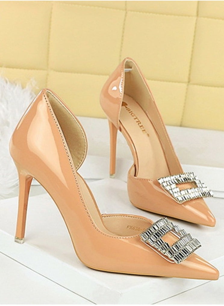 BIGTREE Women's Closed Pointed Toe Stiletto Pump Rhinestone Square Buckle Decoration High Heels Beige 10.5 CM  - Image 2