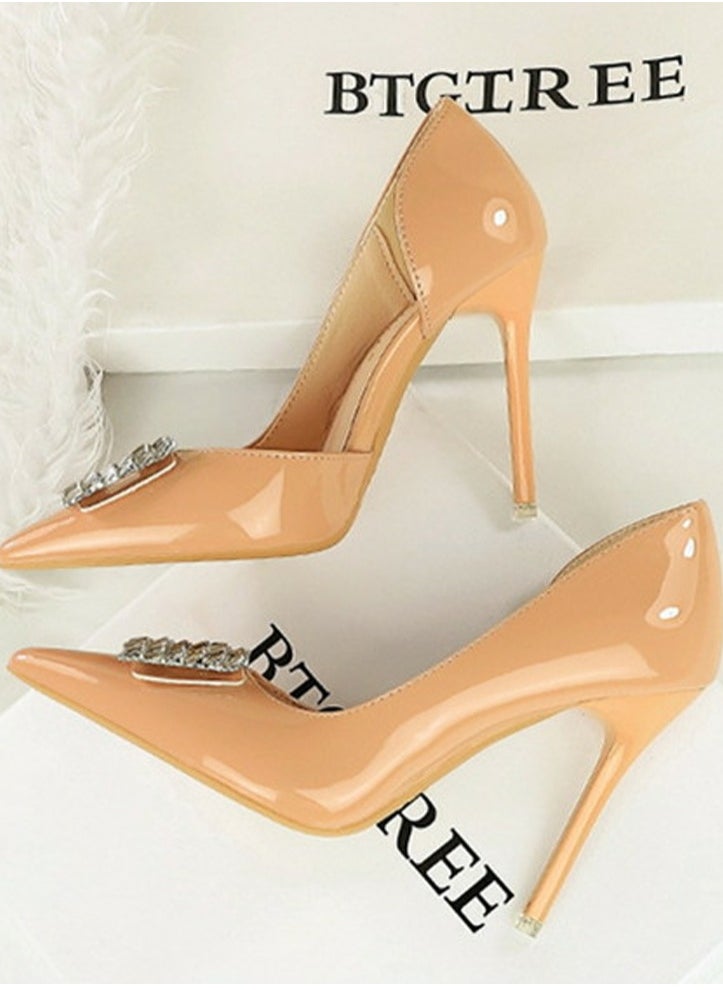 BIGTREE Women's Closed Pointed Toe Stiletto Pump Rhinestone Square Buckle Decoration High Heels Beige 10.5 CM  - Image 3