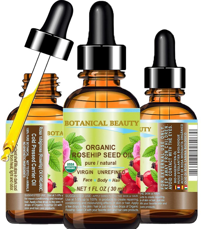 Botanical Beauty Organic ROSEHIP SEED OIL 100 Pure Natural Virgin Unrefined Coldpressed Carrier Oil 1 Fl Oz 30 ml For Face Skin Body Hair Lip Nails Rich in vitamin C Vitamin E AntiAging