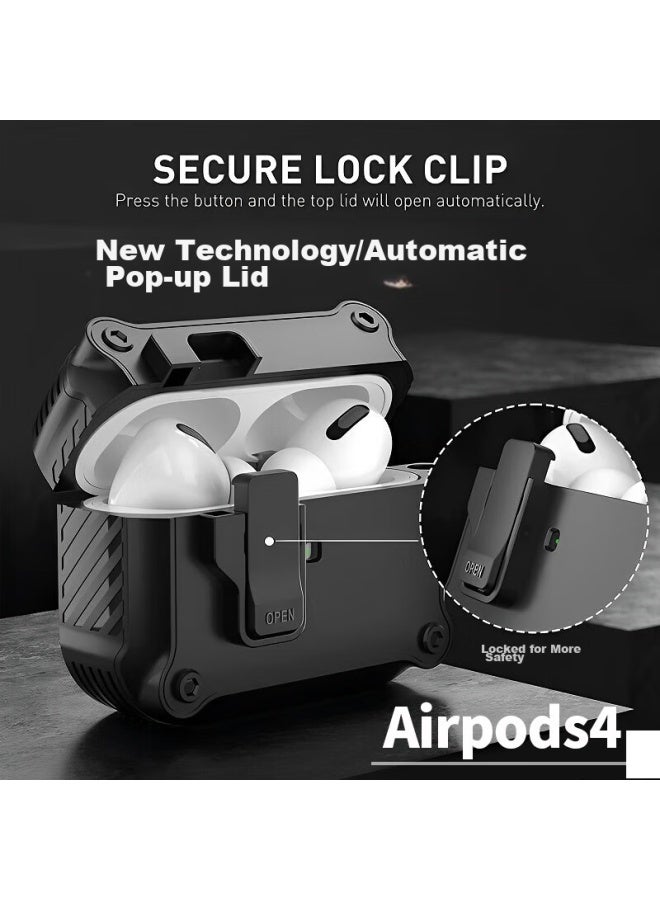 Chuangsi Mi Chuangsimi Airpods 4 Protective Case, Shockproof Armor Shell, Fourth Generation Apple Wireless Bluetooth Earphone Cover, Anti-loss, Smart Opening, Clip-on With Hook, Black - Image 1