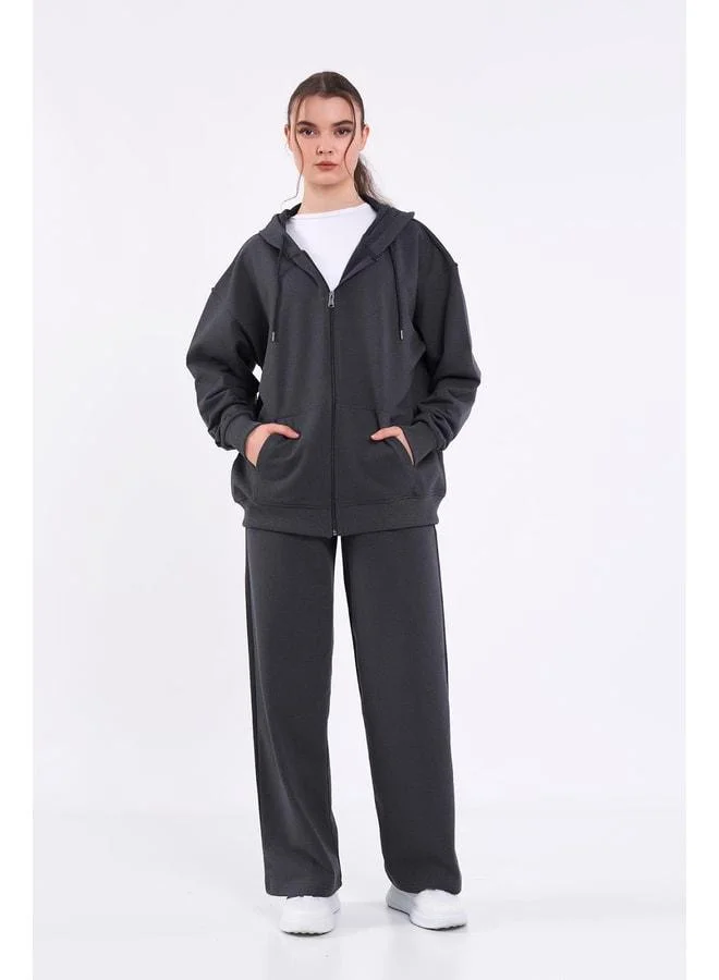 mmetalic Women's Anthracite Regular Fit Basic Elastic Waist Hooded Oversized Seasonal Top and Bottom Tracksuit Set.