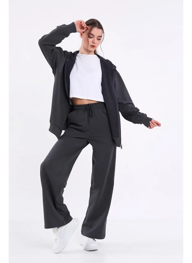 mmetalic Women's Anthracite Regular Fit Basic Elastic Waist Hooded Oversized Seasonal Top and Bottom Tracksuit Set.