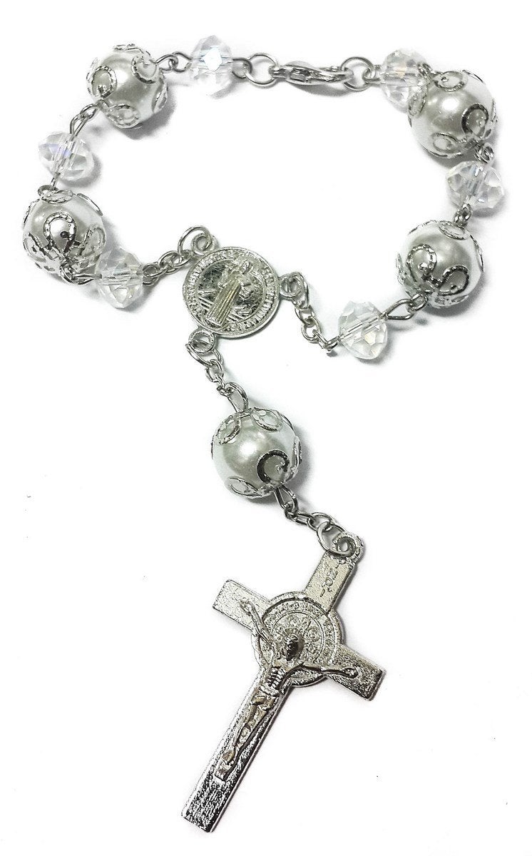 Nazareth Store Title Nazareth Store Saint Benedict Rosary with Clear Crystal Beads Evil Protection Medal for Car Rearview Mirror (Clear)  - Image 1