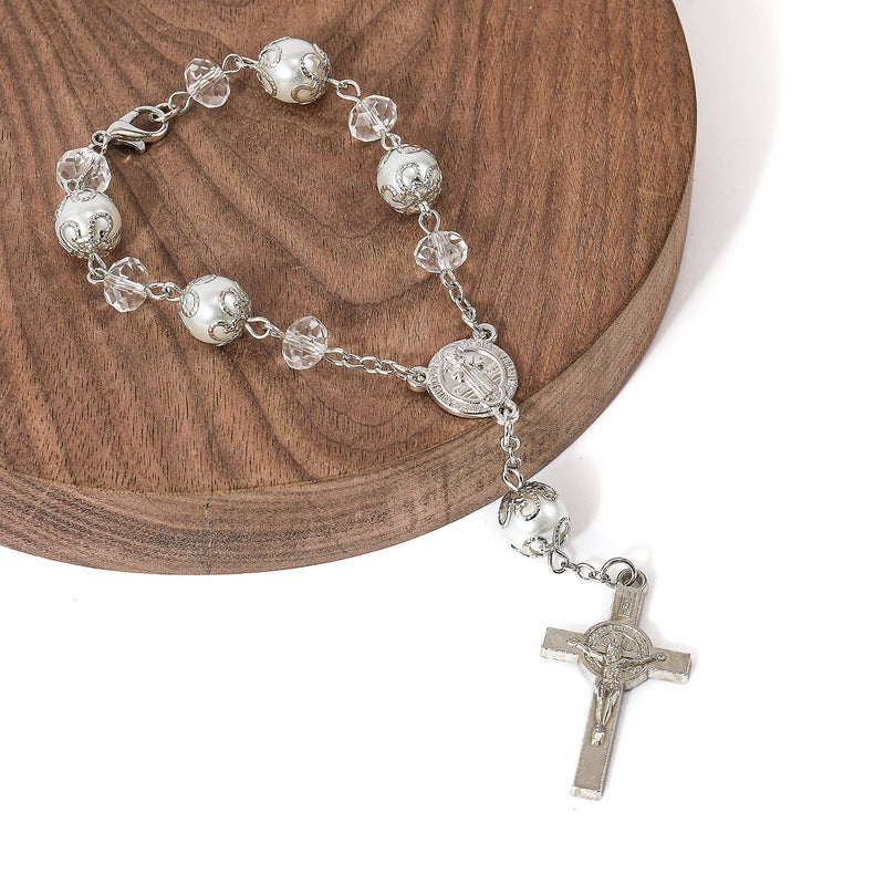 Nazareth Store Title Nazareth Store Saint Benedict Rosary with Clear Crystal Beads Evil Protection Medal for Car Rearview Mirror (Clear)  - Image 2