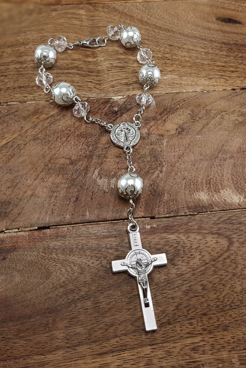 Nazareth Store Title Nazareth Store Saint Benedict Rosary with Clear Crystal Beads Evil Protection Medal for Car Rearview Mirror (Clear)  - Image 4