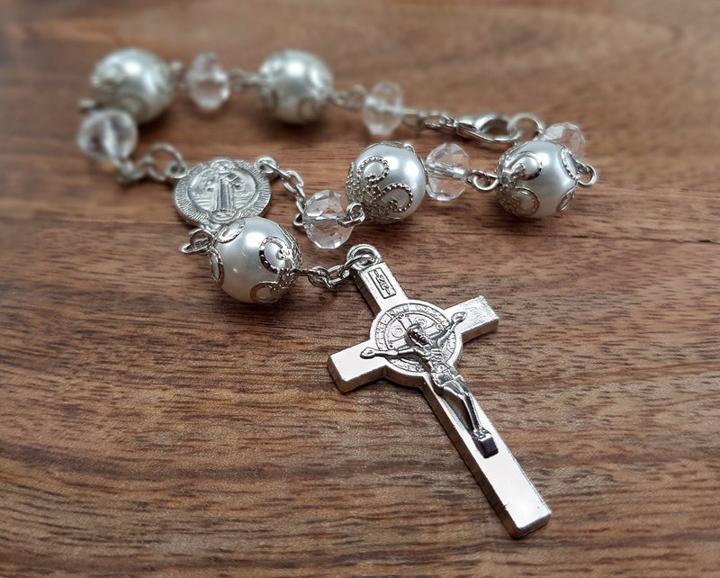 Nazareth Store Title Nazareth Store Saint Benedict Rosary with Clear Crystal Beads Evil Protection Medal for Car Rearview Mirror (Clear)  - Image 3