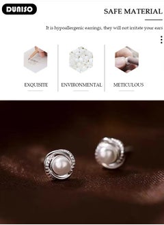 DUNISO Pearl Stud Earrings, Hypoallergenic 925 Sterling Silver Earrings Studs Base Metal Shimmering Cubic Zirconia Pearl Stud Earring for Women Girl  - Image 3