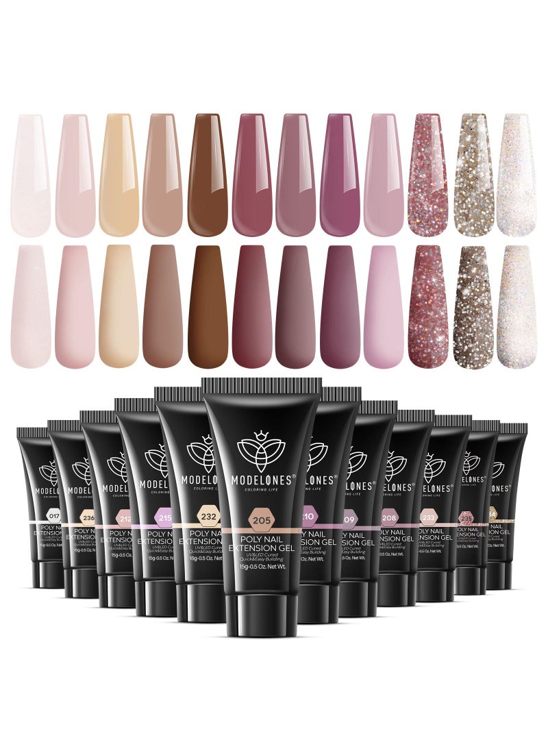 modelones modelones Poly Extension Gel Kit for Nail, 12 Colors Pink Glitter Nude Tones Poly Nail Gel Set French Manicure DIY Design Nail Art Home Salon Gifts 