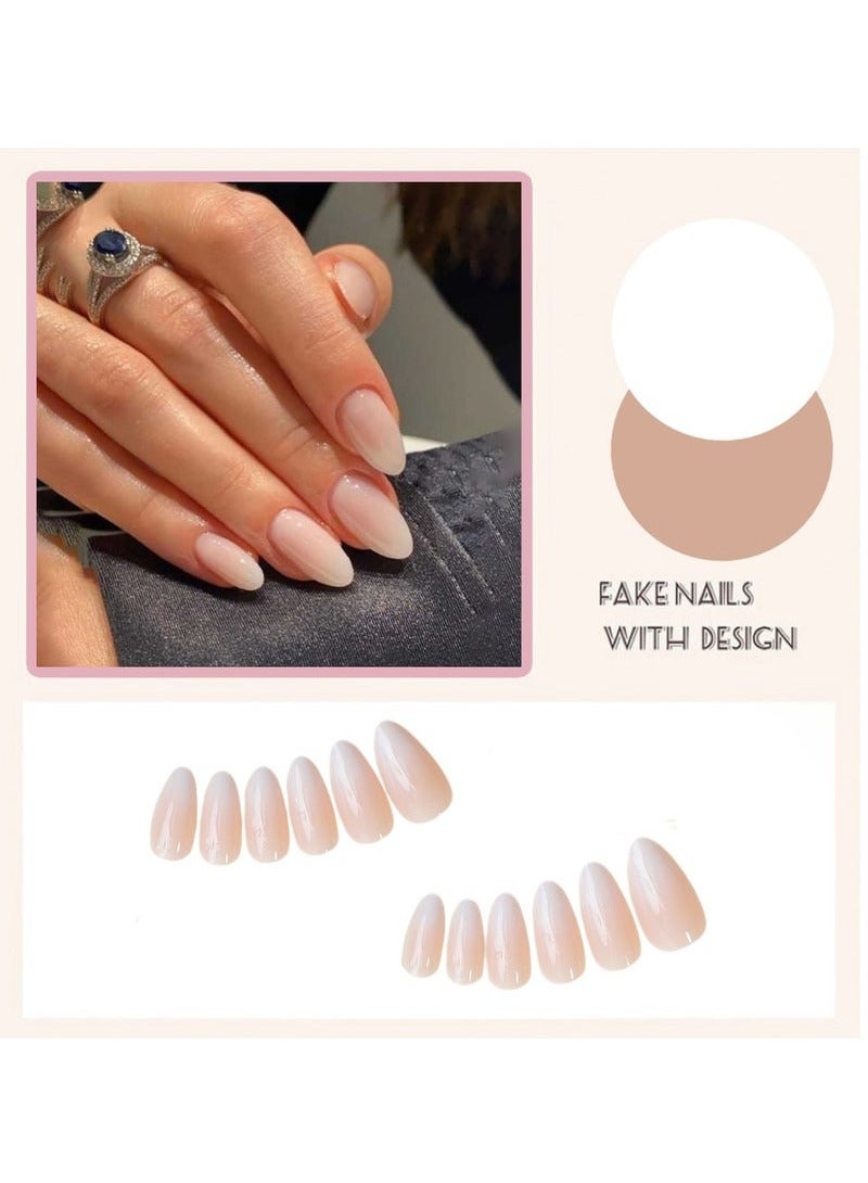 24PCS press-on nails in medium almond color, Solid gradient shiny press-on nails for moderately natural French manicure artificial nail set - Image 2
