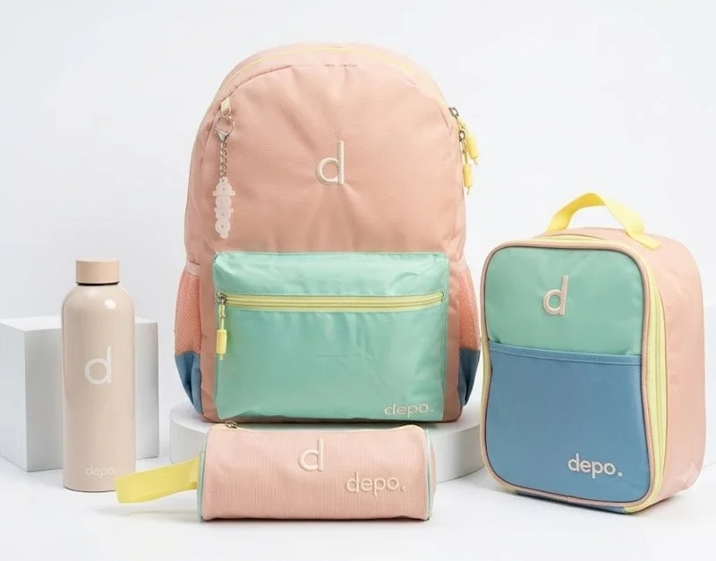 Depo DEPO Premium 4-Piece School Backpack Set – 44cm Water-Resistant Backpack, Insulated Lunch Bag, Pencil Case & 500ml Stainless Steel Water Bottle | Lightweight | Peach Multi-Color