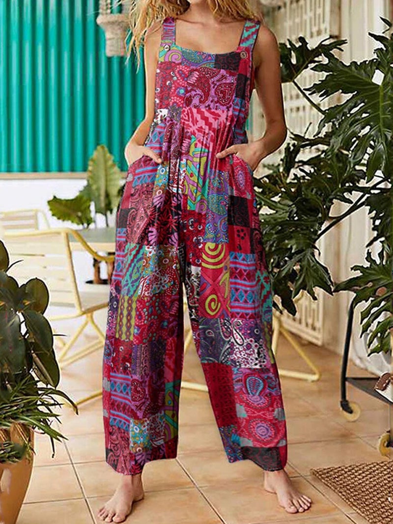 Women Jumpsuit with Pockets Sleeveless Wide Legs Plus Size Overalls - Image 3