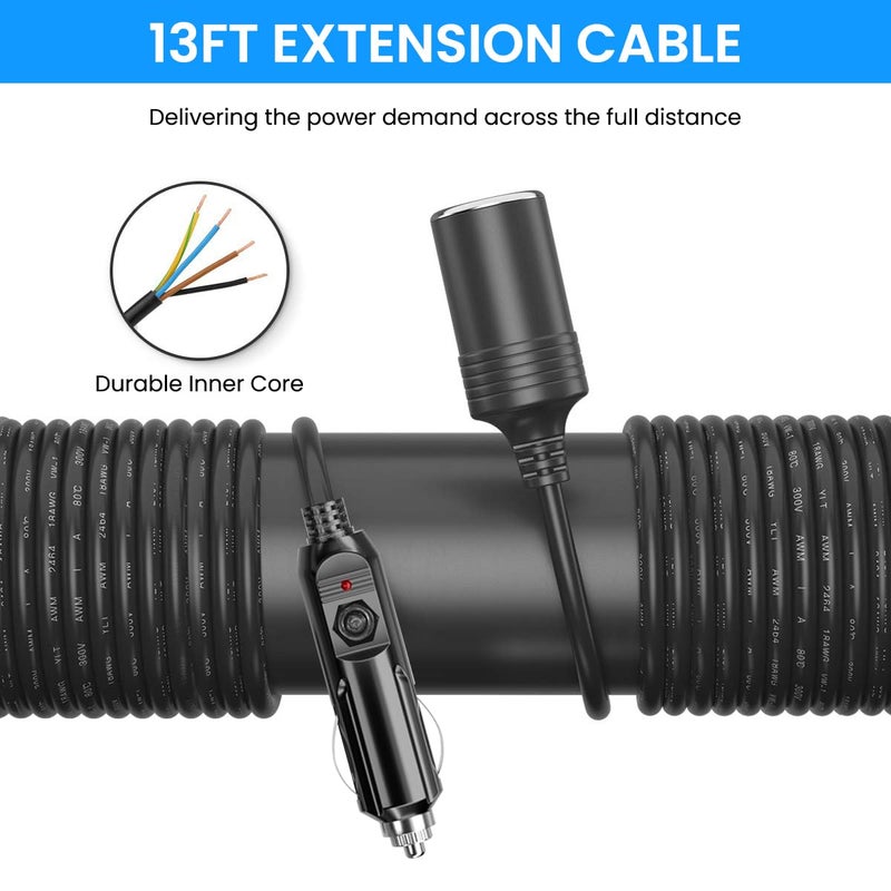 STHIRA كابل تمديد ولاعة السجائر STHIRA® بطول 13 قدم، 12V/24V DC، موسع ولاعة السيارة مع غطاء، كابل تمديد ولاعة سيارة عالمي - Image 4