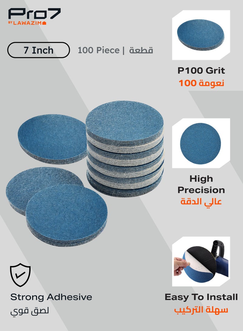 لوازم برو7 طقم ورق سنفرة لزق ازرق مكون من 100 قطعة - 7 بوصة - نعومة 100 - قرص صنفرة فيلكرو دائري بدون فتحات للخشب والمعادن والسيارات - مناسب لآلات الصنفرة العشوائية والدائرية - Image 2