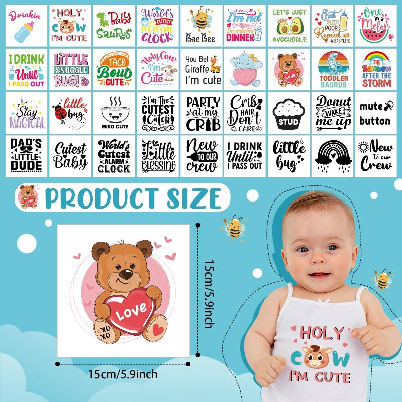 Teling 36 Pcs Iron on Decals Baby Shower Games Iron on Transfers Stickers Patches Baby Bodysuit Making Bibs Decorating Kit Patch Maker for Gender Reveal T Shirt(Cute) - Image 2