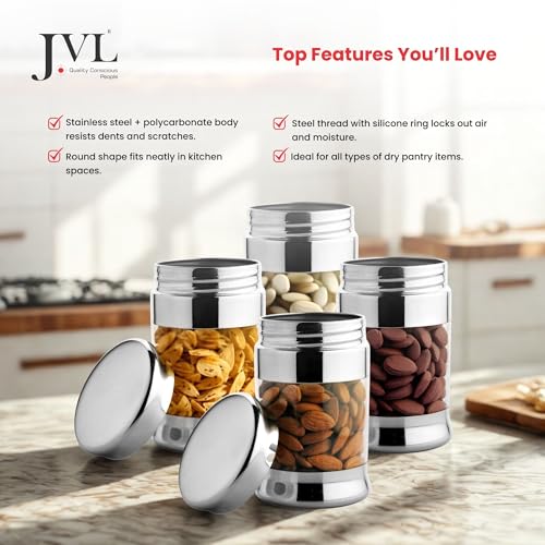 JVL Stainless Steel Fusion Canister Set of 4, Airtight, Rust resistant Durable Food-Grade Kitchen Storage Containers for Spices, Pulses, Snacks & More (450 ML) - Image 4