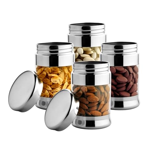 JVL Stainless Steel Fusion Canister Set of 4, Airtight, Rust resistant Durable Food-Grade Kitchen Storage Containers for Spices, Pulses, Snacks & More (450 ML) - Image 1