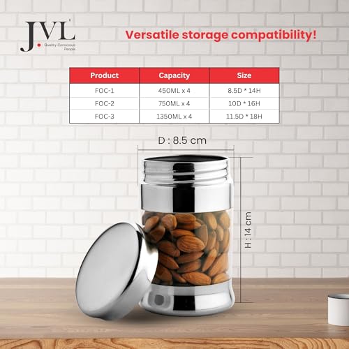 JVL Stainless Steel Fusion Canister Set of 4, Airtight, Rust resistant Durable Food-Grade Kitchen Storage Containers for Spices, Pulses, Snacks & More (450 ML) - Image 2