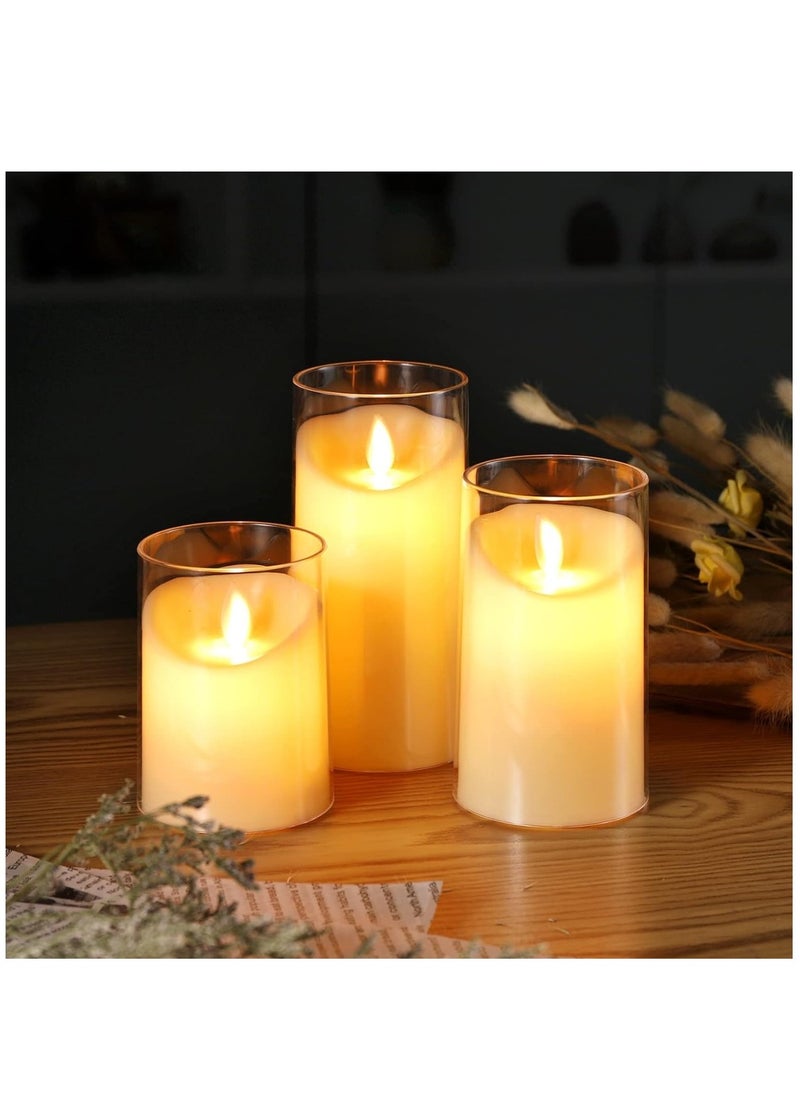 Generic - Pack of 3 Battery Operated Pillar Real Wax Moving Wick LED Glass Candle Sets  ACROSS Flickering Flameless Candles with Remote Control Timer for Holiday Wedding Party - Image 1