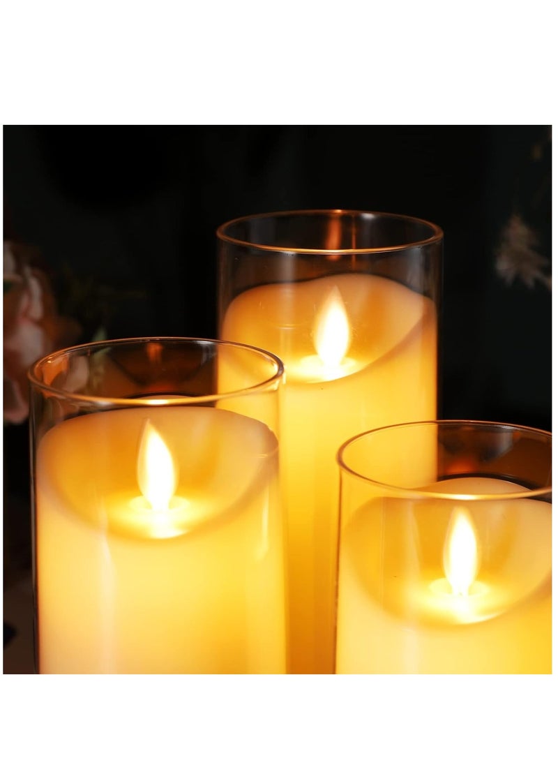 Generic - Pack of 3 Battery Operated Pillar Real Wax Moving Wick LED Glass Candle Sets  ACROSS Flickering Flameless Candles with Remote Control Timer for Holiday Wedding Party - Image 1
