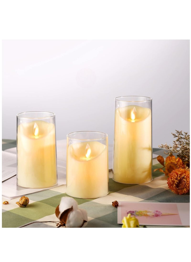 Generic - Pack of 3 Battery Operated Pillar Real Wax Moving Wick LED Glass Candle Sets  ACROSS Flickering Flameless Candles with Remote Control Timer for Holiday Wedding Party - Image 1