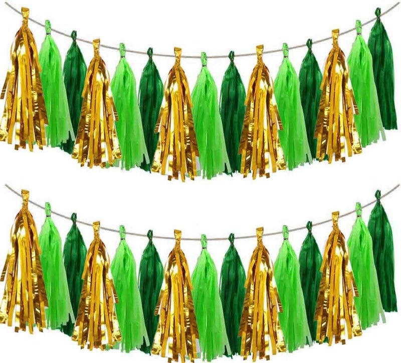 AIM & GGKK Green and Gold Tassel Garland Banner Tissue Paper Tassels for Party Suppiles Decorations,Wedding Decorations,Nursery Decor,Engagement,Football Party, DIY Kits(15PCS) - Image 1
