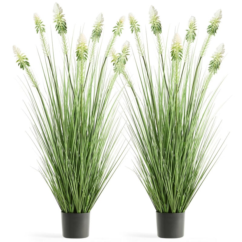 FloraFairy 4ft 2-Pack Horsetail Reed Grass with White Cockscomb Flower, 48in Tall Indoor Outdoor Green Onions Fake Plants in Pot, Home Office Decorative Artificial Plant & Greenery, Wedding DÃ©cor - Image 1