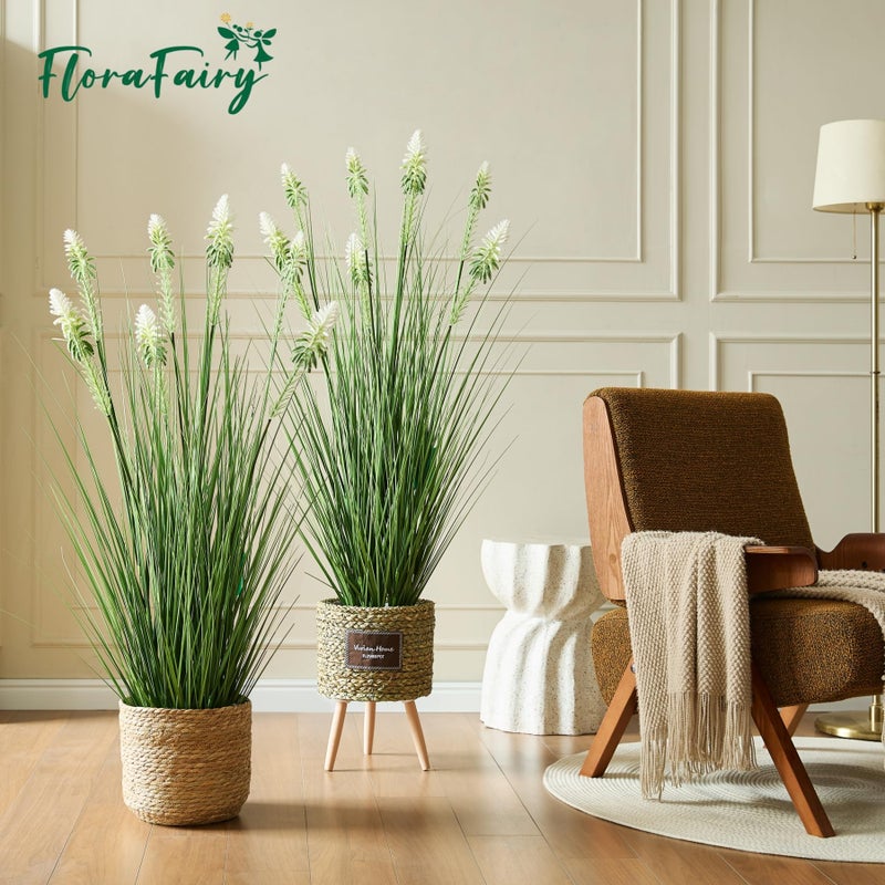 FloraFairy 4ft 2-Pack Horsetail Reed Grass with White Cockscomb Flower, 48in Tall Indoor Outdoor Green Onions Fake Plants in Pot, Home Office Decorative Artificial Plant & Greenery, Wedding DÃ©cor - Image 2