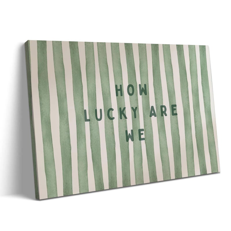 SHEWANT ART Framed Trendy Wall Art How Lucky are We Positive Quote Inspirational Canvas Print Green Preppy Wall Art Minimalist Girly Aesthetic Room Decor for Bedroom Office Apartment Dorm 24x16 inch Ready to Hang - Image 1