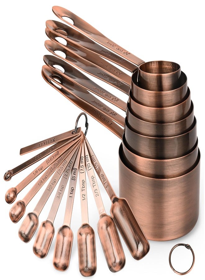 Kalsreui Measuring Cups and Spoons Set, Copper Measuring Cups and Spoons Set 17, Stainless Steel Measuring Cups and Spoons set, Metal 7 Measuring Cups and 9 Measuring Spoons with 1 Leveler for Kitchen - Image 1